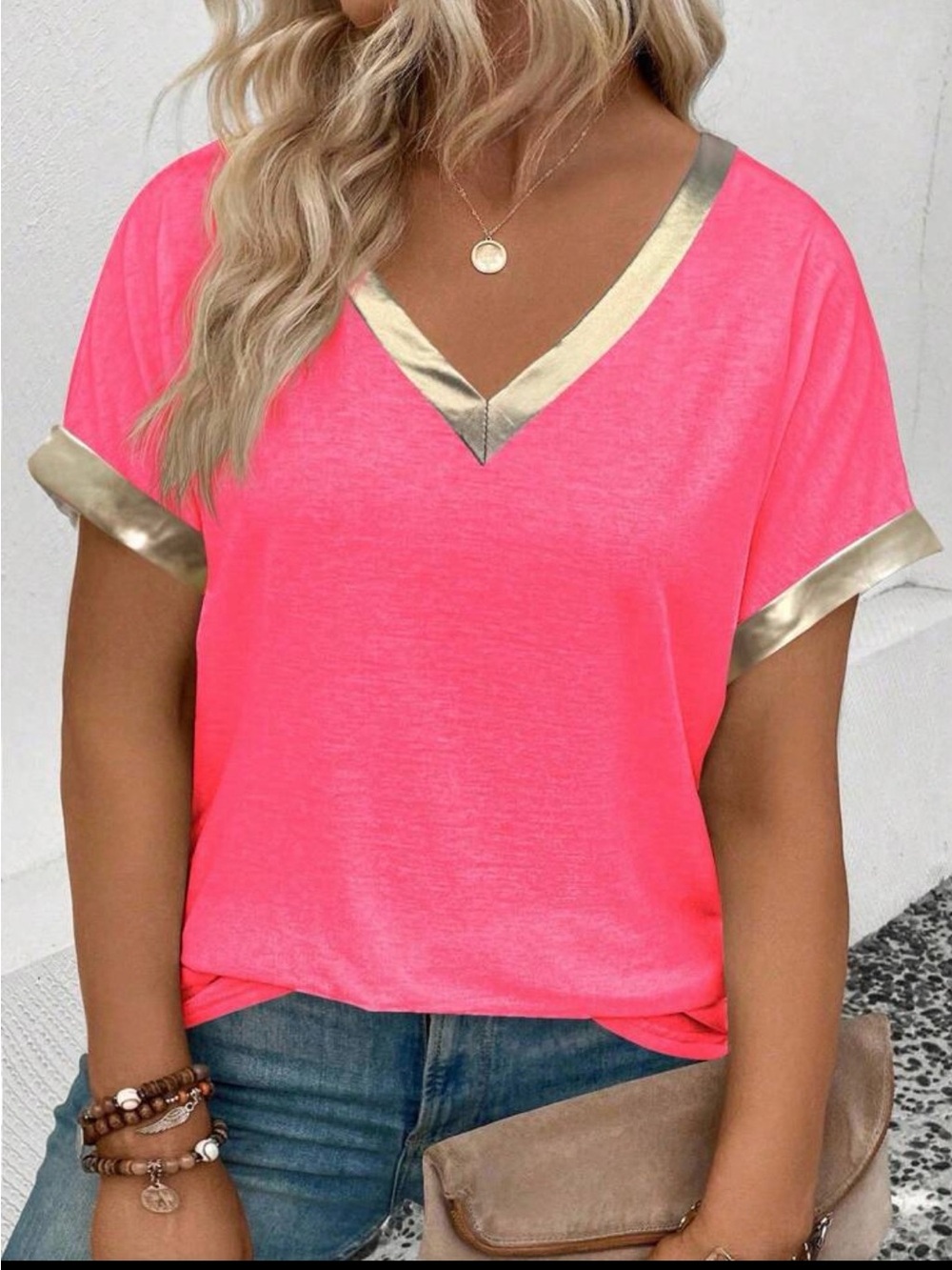 Neon Pink V-Neck Top with Gold Trim - Women